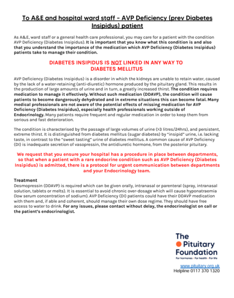 Factsheet to A&E and Hospital Staff about Diabetes Insipidus (DI/AVPD)