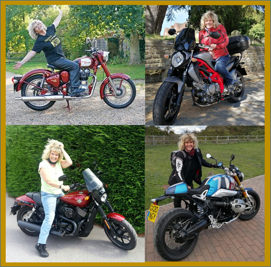 A collage of pictures of Gail alongside various motorbikes