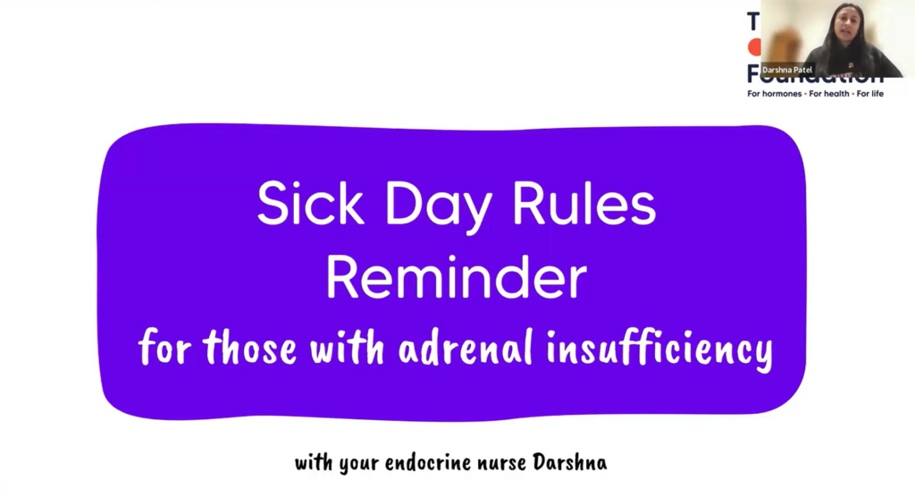 A screenshot of a video thumbnail, with the title of the video shown 'Sick day rules reminder for those with adrenal insufficiency'