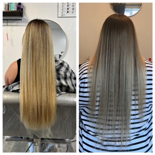 A side by side photo of sophie from the back, showing her hair before her symptoms started and after. On the left, Sophie's hair is much thicker and fuller than on the right