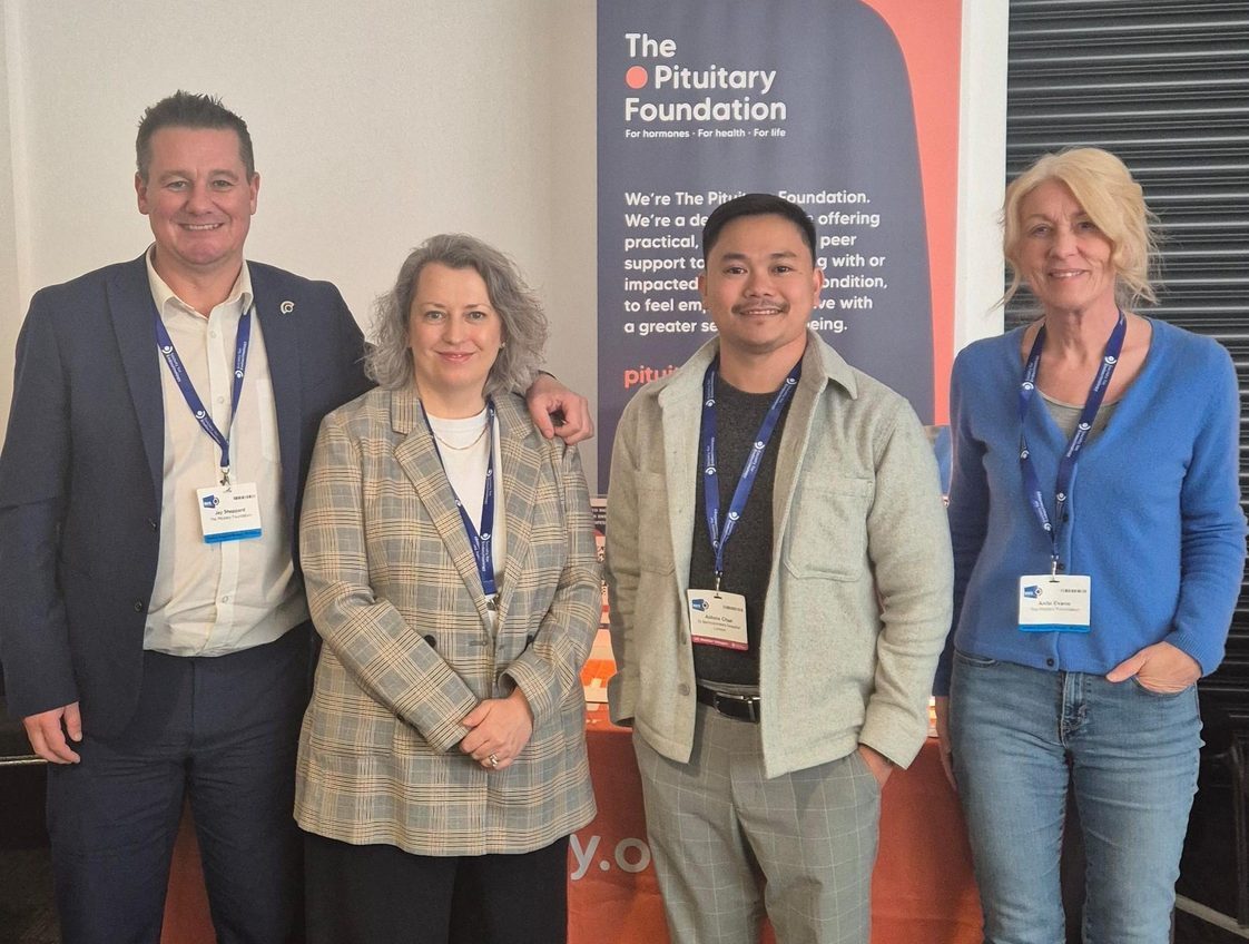 Some of the team at BES, stood in front of our stand. (From the left: Jay Sheppard, Head of Fundraising; Emma Cooper, CEO; Aldons Chua, Endocrine Specialist Nurse; Anita Evans, volunteer)