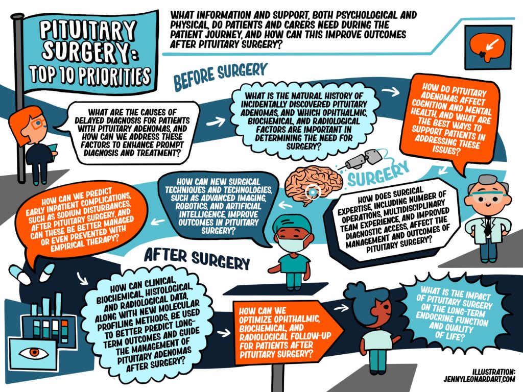 A cartoon infographic showing the top ten research priorities from the international PitCOP study